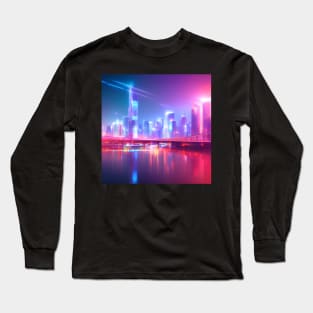 Ai Generated Art Scenery - Futuristic City With Bridge Over River Neon Lights Long Sleeve T-Shirt